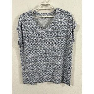 Orvis Shirt Womens Large Blue White Geometric Print Short Sleeve V Neck